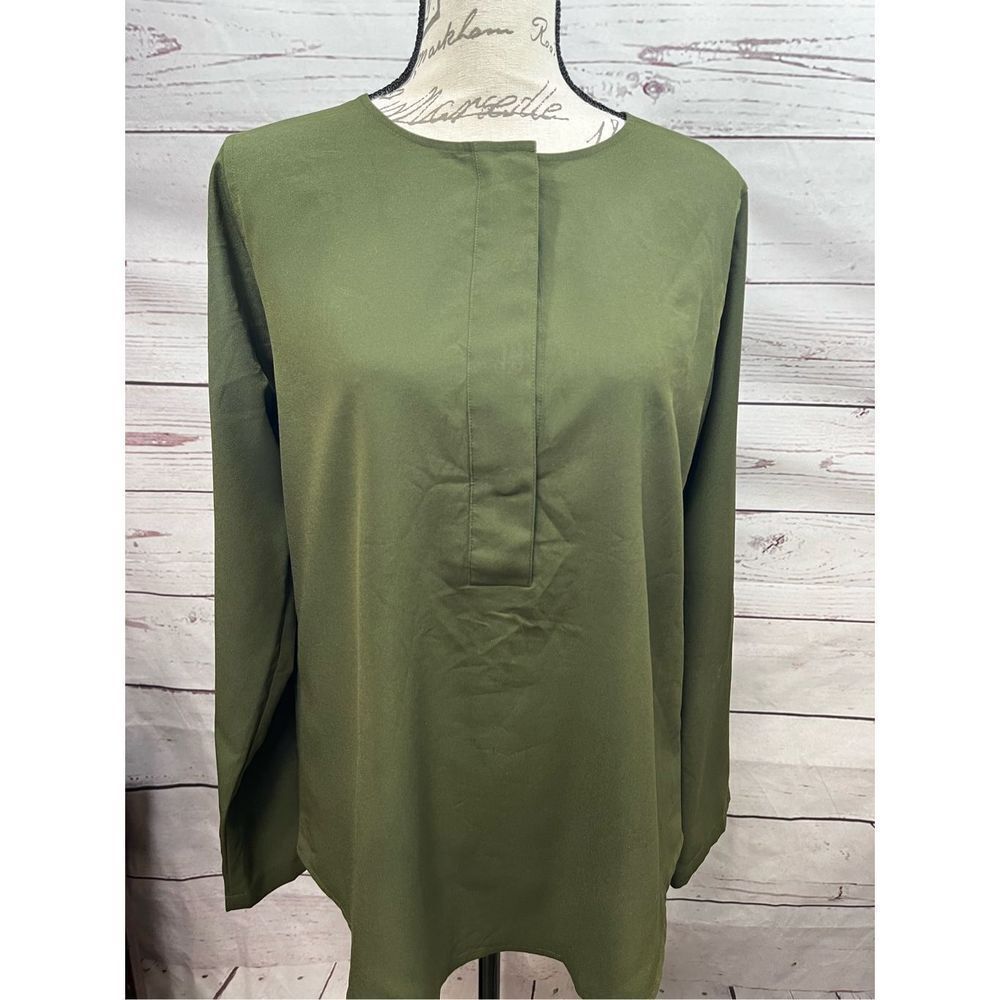 VAN HEUSEN Women Olive Green Long Sleeve‎ Collared Button Front Tunic Top Size M